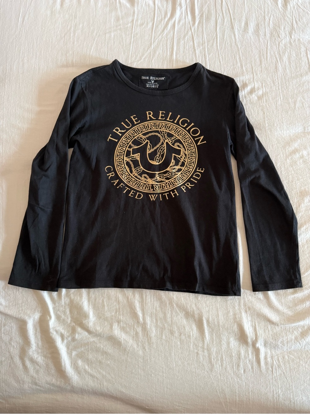 True Religion Black Long-Sleeve Tee with Gold Emblem Boys Size M 10/12